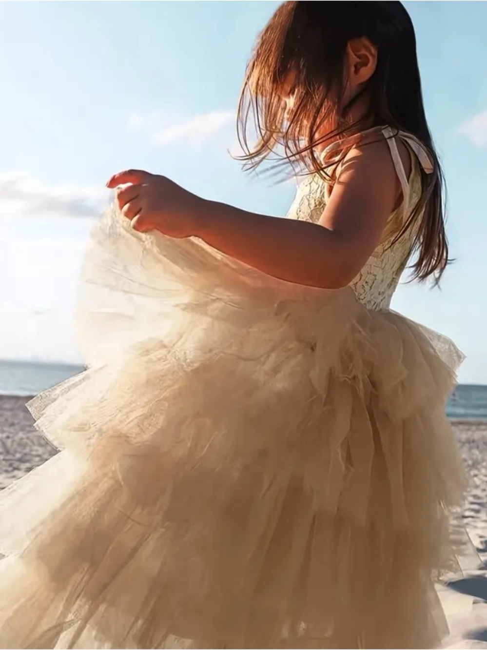 Girls Layered Tulle Party Dress in Champagne - Picture 2 of 7